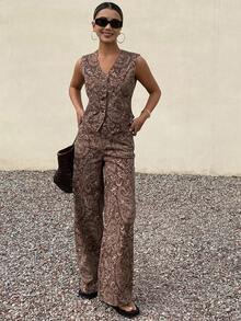 DAZY Sleeveless V-Neck Casual Top & Cashew Flower All-Over Print Casual Pants Women Denim Suit - Brown - View 1