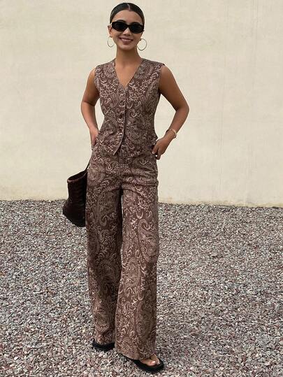 DAZY Ärmlös V-ringad casual topp och cashewblommigt tryck med cashewblommor, casualbyxor för kvinnor, denimkostym