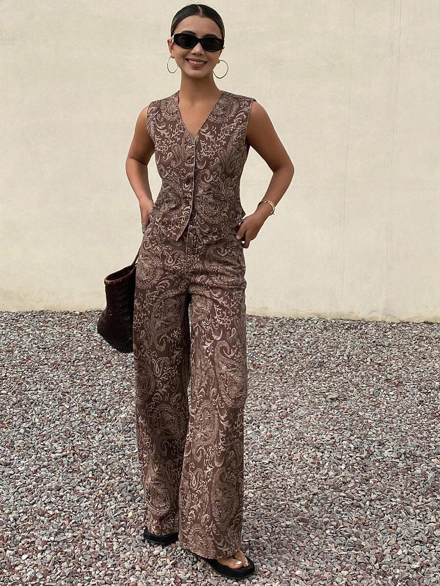 DAZY Sleeveless V-Neck Casual Top & Cashew Flower All-Over Print Casual Pants Women Denim Suit - Brown - View 1