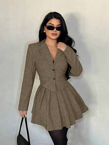 SHEIN SXY 女士时尚格子西装外套和百褶裙套装，通勤装 - 彩色 - 查看 5