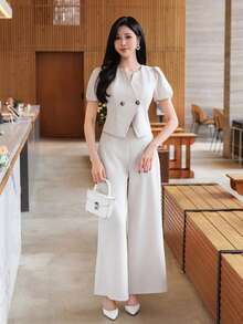 DAZY Bộ đồ nữ thanh lịch gồm áo sơ mi trơn màu và quần ống rộng, thích hợp cho mùa xuân/hè, váy dự tiệc cưới. - Màu be - Xem 5