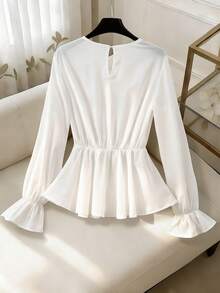SHEIN Franclia Elegant White Autumn Blouse For Women,Sheer Fabric,Elastic Ruffle Cuffs,Ruched Hem,Oversized Bow,Korean Style Formal Top,Vacation Holiday Apparel - Apricot - View 2