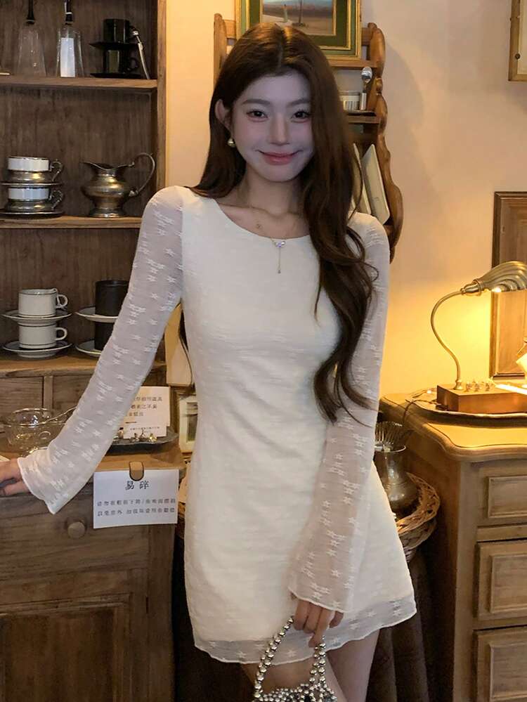 Women's Round Neck Lace Casual Long Sleeve Spring/Summer Korean Style Casual Long Sleeve Short Dress Sundress