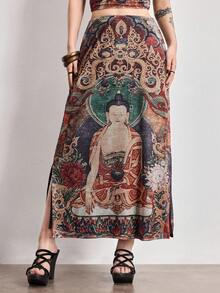 ROMWE Avant Chân váy lưới xẻ tà bên hông in hình Phật theo phong cách Trung Hoa cổ điển dành cho nữ. - màu đen - Xem 4