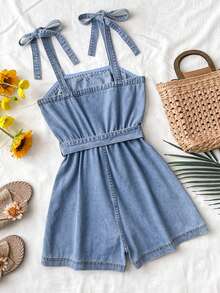 Soleia Women's Casual Vacation Denim Romper - Medium Wash - View 2