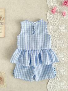 SHEIN Baby Girl Plaid Bow Decor Ruffle Hem Sleeveless Top And Shorts Cute Set - Baby Blue - View 2