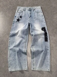 ROMWE MEN Street Life Herrjeans med tryck och tvättade fickor - Blå - Visa 1