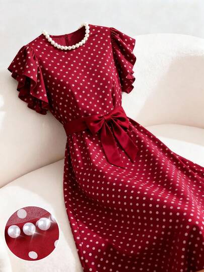 GlowEve Women's Pearl Decor Round Neck Polka Dot Pattern Waist Tie A-Line Elegant Everyday/Vacation/Commute Fashion Valentine's Day Date French Street Retro Versatile Party Wine Red Polka Dot Early Spring/Spring-Autumn Short Sleeve Midi Dress