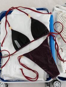 Swim Vcay 女士两件式泳衣套装，性感挂脖系带纹理面料，优雅简约设计，适合海滩度假，春夏皆宜 - 彩色 - 查看 2
