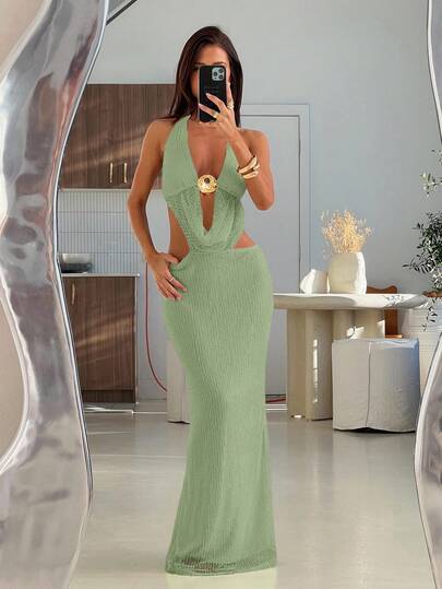 Aloruh Vestido de mujer con escote en V profundo, estampado de estrella de mar, unicolor beige con textura, cuello halter, espalda descubierta y abertura alta en la falda para vacaciones