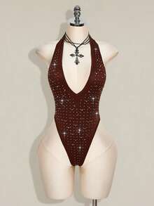 SHEIN ICON Rhinestone Halter Backless Bodysuit, Sexy Tight Fit Sleeveless For Women - Brown - View 9