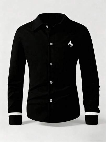 SHEIN Vacaura Teen Boys Casual Gentleman Style Embroidered Long Sleeve Shirt Black Long Sleeve Shirt Horse Logo Shirt