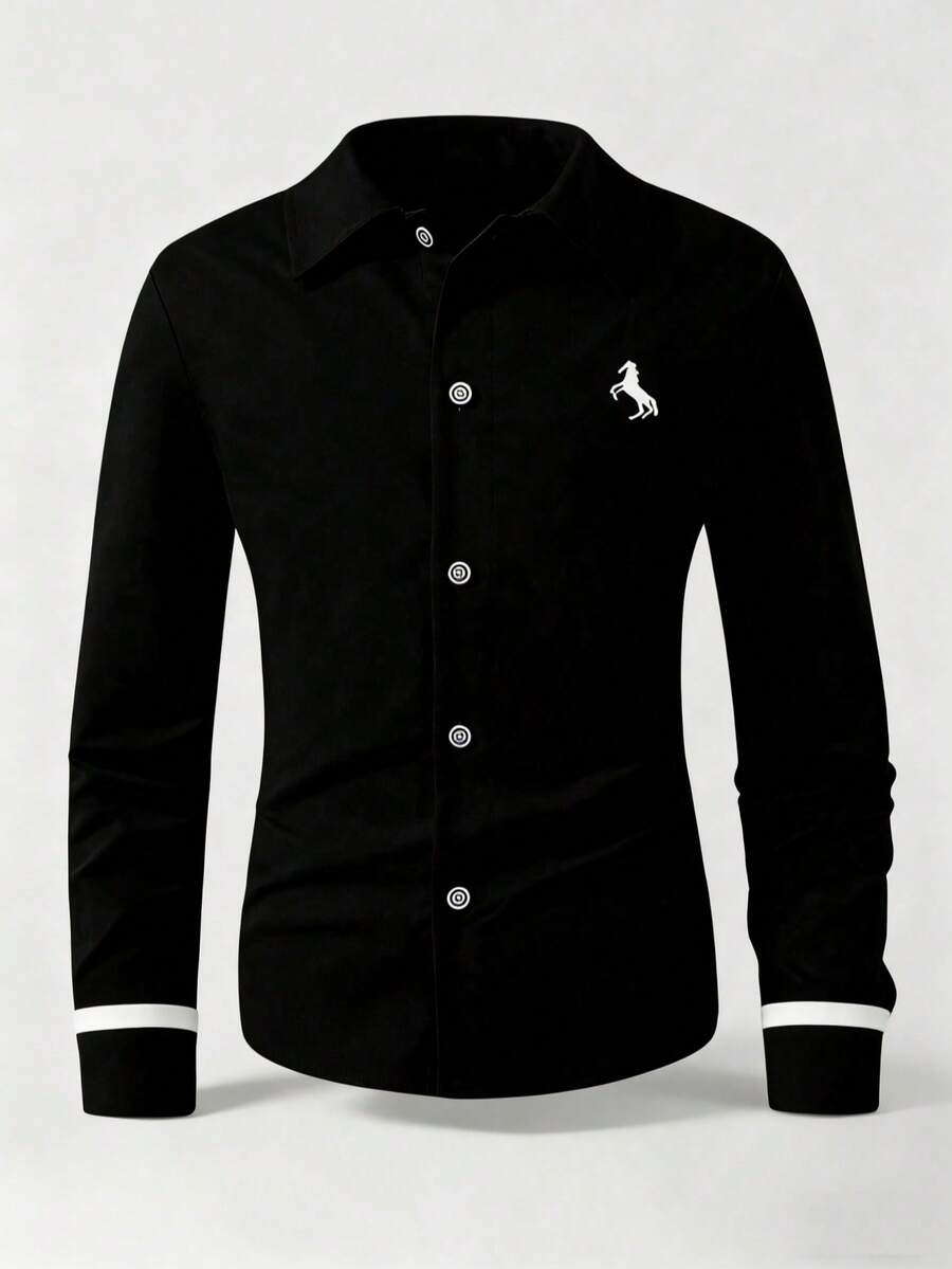 SHEIN Vacaura Teen Boys Casual Gentleman Style Embroidered Long Sleeve Shirt Black Long Sleeve Shirt Horse Logo Shirt - Black - View 1