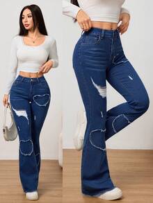 SHEIN PETITE Summer And Spring Women's Valentine Day Casual Denim Heart Appliques Embroidery Design Washed Distressed Flare Legs Jeans - Medium Wash - View 1