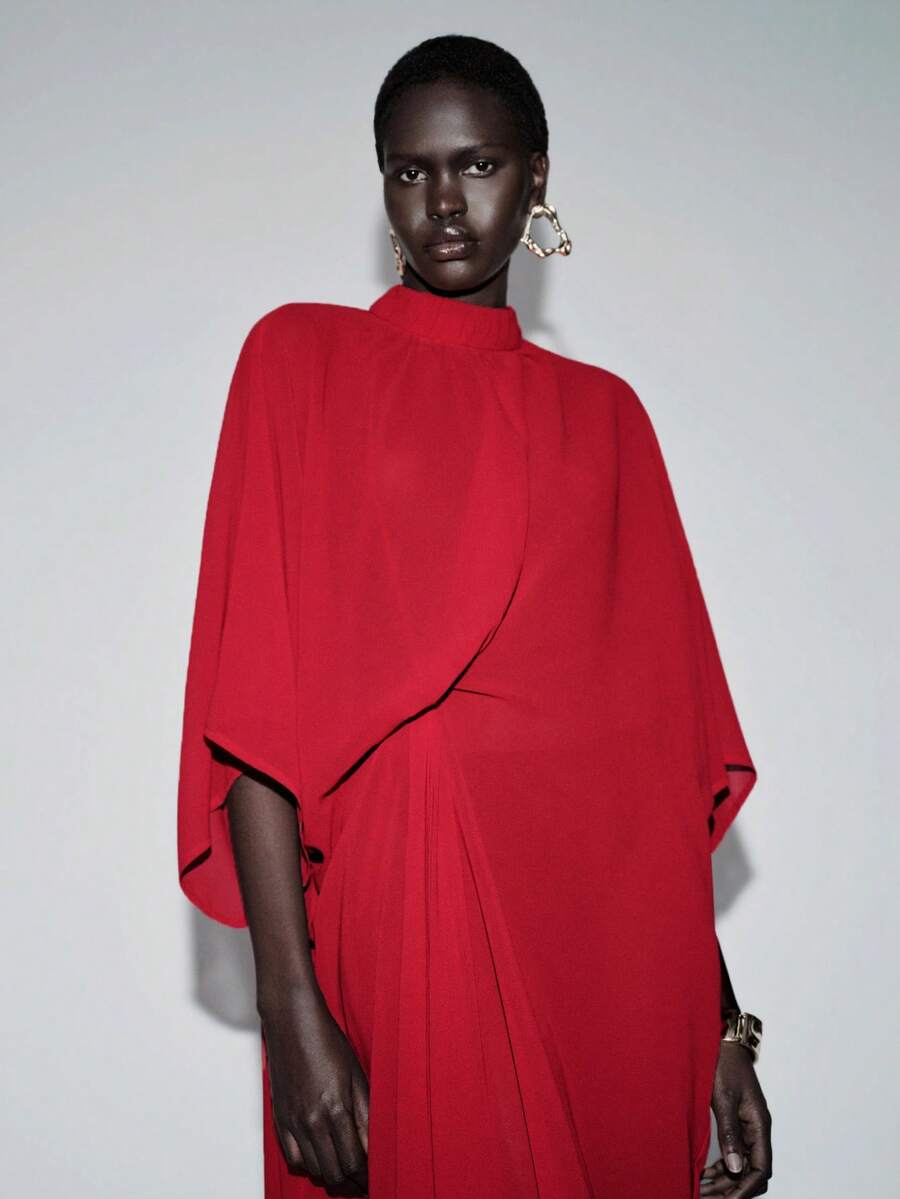 Lumivelle Women's Middle Eastern Style Casual High Neck Twist Waist Maxi Sheer Dress - Red - View 1