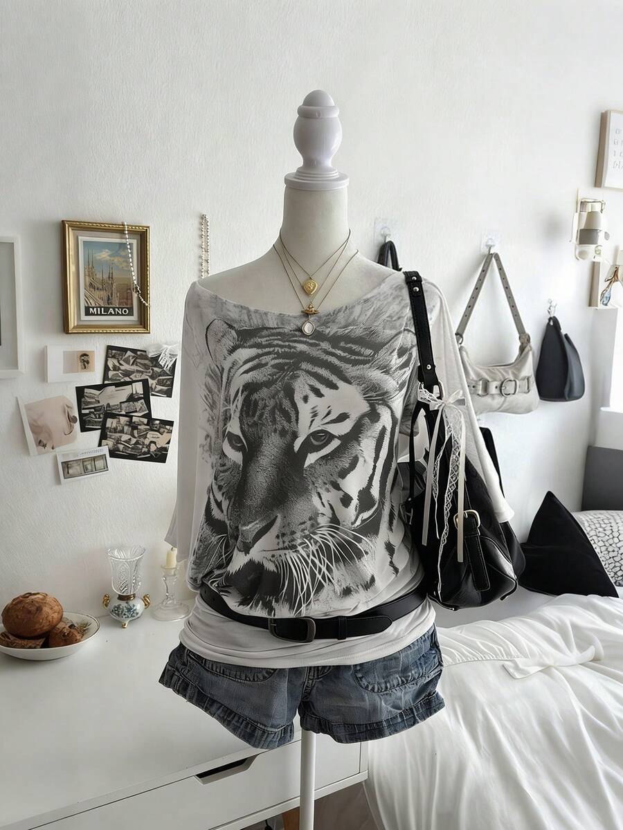 Lalippa Women Asymmetrical Neck Tiger Print Tee - White - View 1