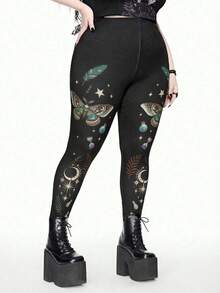 ROMWE Quần legging đen in hình bướm Gothic, sao và trăng, họa tiết cây cỏ và lông vũ, dáng ôm, cỡ lớn, thích hợp cho mùa thu/đông. - Màu xanh lá cây đậm - Xem 4
