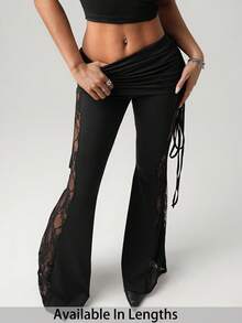 SHEIN Tall CURVE 大码纯色蕾丝拼接褶皱抽绳优雅喇叭裤，夏季假日喇叭裤，高腰裤，系带裤，春季女装，情人节女装，毕业典礼女装，休闲女装 - 黑色 - 查看 6