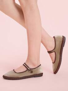 CUCCOO DOLLMOD Women's Burgundy Velvet Classic Comfortable Mary Jane Flat Shoes, Elegant & Fashionable Spring Shoes - Khaki/Brown - View 5