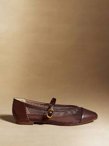 Rosivie 女士方头平底咖啡色网面透气软底玛丽珍鞋，优雅法式休闲通勤鞋 - 咖啡棕 - 查看 3