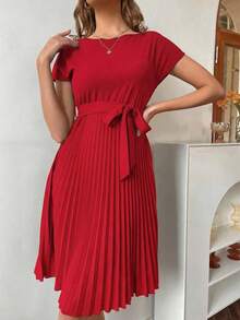 SHEIN Gaun Wanita Warna Burgundy dengan Hem Berlipit dan Sabuk di Bagian Dalam - Merah - View 5