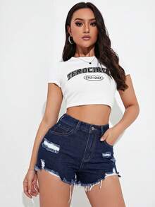 Jeanoix 女士休闲破洞毛边牛仔短裤 - 深色水洗藍 - 查看 5