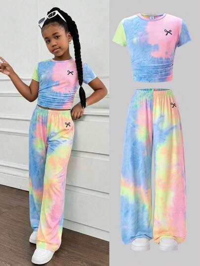 SHEIN Tween Girls' Casual Street Style Fashionable Tie-Dye Bow Print T-Shirt And Leggings 2-Piece Set, Versatile For Daily Wear, Y2K
