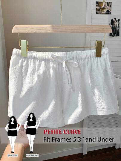 SHEIN PETITE CURVE Plus Size Women Solid Color Tie Waist Casual Loose Shorts