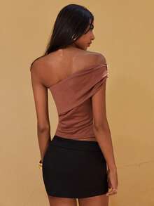 Opulessa Coffee Brown Summer Elegant Date Night Knit Fitted Top For Women,Casual Beach Vacation Solid Color,Luxury Evening Top For Weddings,Ceremony - Brown - View 2