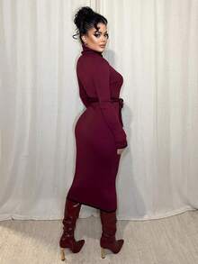 Dayanna Comas Women's Elegant Turtleneck Fitted Ribbed Texture Bowknot Sweater Dress - Red - View 2