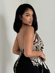 Alexandranx 超深V露背豹纹双肩带无袖上衣，伊比沙岛风情，Y2K风格，酷女孩，适合音乐节、锐舞派对、度假、夜店等场合，可爱又时尚，适合假日夜生活、俱乐部派对等各种场合。 - 彩色 - 查看 4