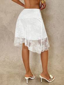 Glamine 女士弹力腰带花卉蕾丝不对称下摆时尚半身裙 - 白色 - 查看 2