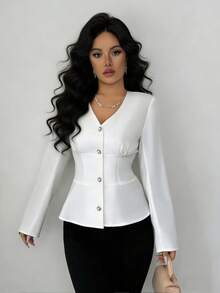 Elenzga Women's V-Neck Long Sleeve Blouse, Slimming Silhouette, Casual Office Wear, White, Suitable For Autumn, Winter, Spring - White - View 8