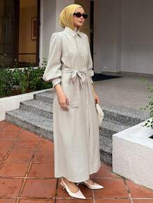 DAZY 女士休闲纯色系腰带中长连衣裙，春夏婚礼宾客礼服/吊带裙 - 杏色 - 查看 5