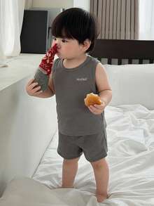 DAZY 2pcs/Set Toddler Boys' Casual Sleeveless T-Shirt And Shorts Set, Loungewear - Grey - View 4