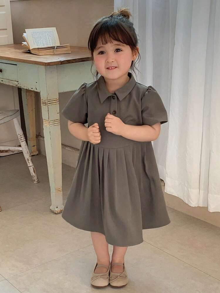 Baby Girls' Casual Loose Pleated Collar Short Sleeve Dress, Summer Spring Toddler Girls Clothes