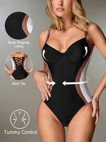 Shapewave 1pc Women's Colorblock Cutout One-Piece Swimsuit Shapewear Swimsuit Back Tie Swimsuit One Piece Swimsuit Tummy Control Bodysuit For Women - Multicolor - View 1