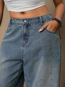 Freevana Plus Size Casual Washed Rhinestone Decor Wide Leg Jeans, Summer, Summer, Spring, Spring Women, Carnival, Carnival Costume, Party , Beach , Going Out, For Date, Party, Cocktail, Formal Events, Vacation, Office, Work, Commute, Wedding Guest, And Western Festival - Blue - View 4
