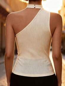 Franclia Women's Elegant Asymmetric Neckline Sleeveless Tank Top, Solid Color Ribbed Top - Apricot - View 6