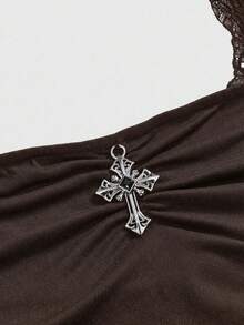 ROMWE Goth 哥特风 Y2K 性感撞色蕾丝露脐吊带短款上衣，交叉腰部褶皱紧身设计 - 棕色 - 查看 3