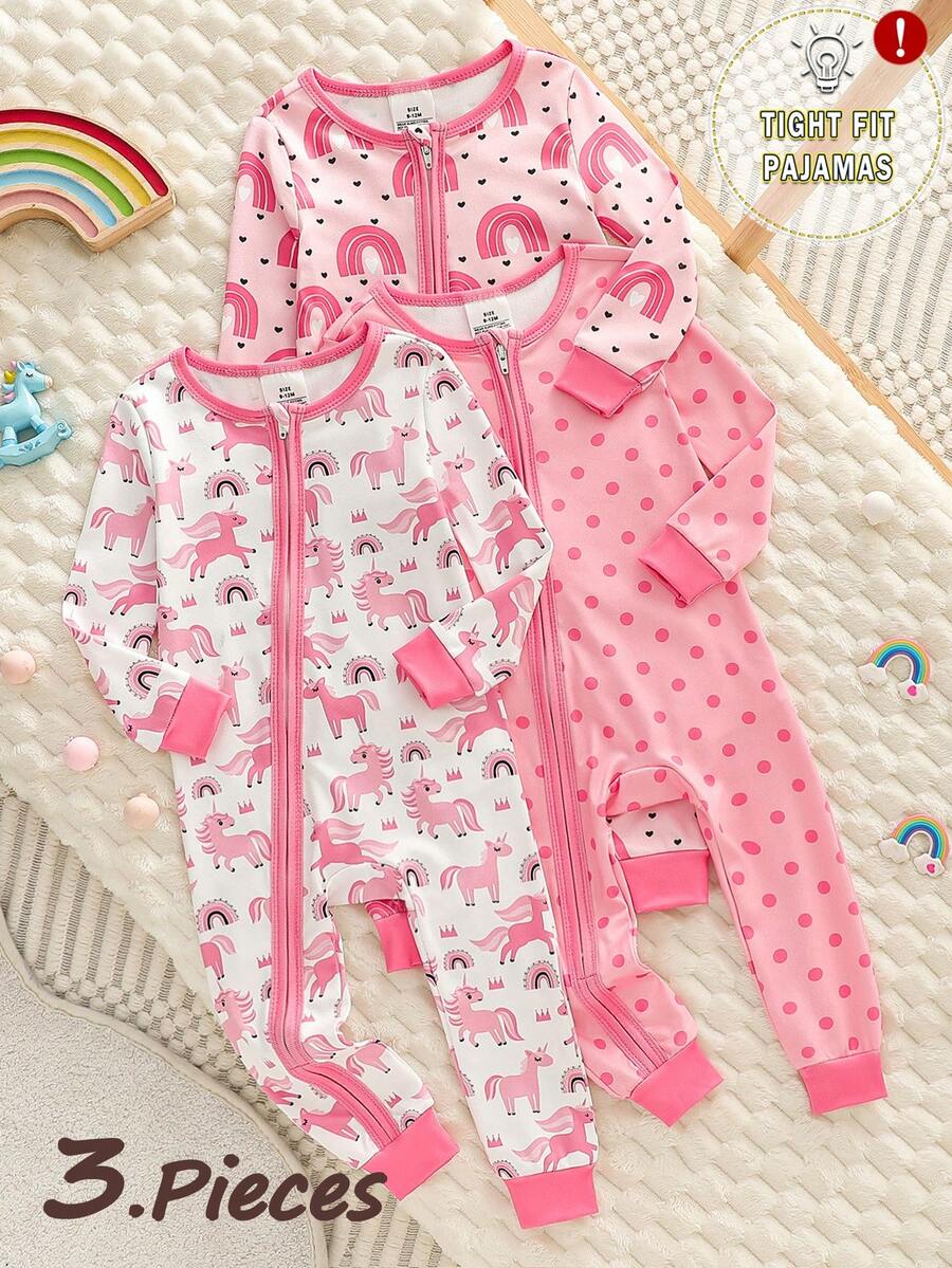女婴三件套贴身睡衣，独角兽、彩虹、爱心和波点印花，长袖上衣和裤子，舒适面料，适合居家穿着。 - 粉色 - 查看 1