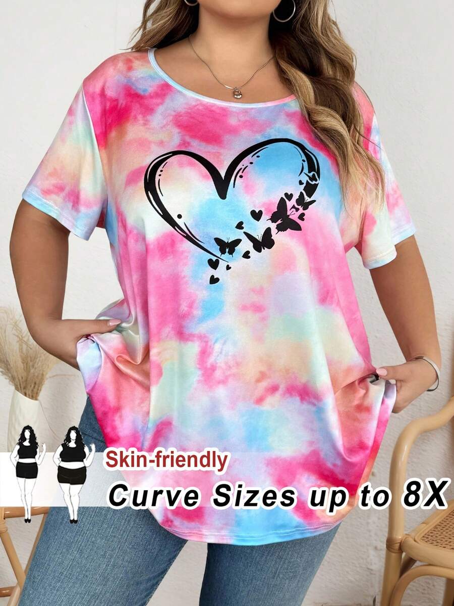 SHEIN CURVE+ 扎染爱心印花圆领短袖T恤，休闲简约 - 彩色 - 查看 1