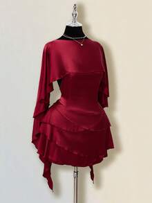 SHEIN ICON 女士缎面露背荷叶边修身迷你连衣裙，配腰带披肩 - 酒紅色 - 查看 7