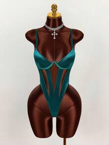 Amplova 女士纯色镂空性感连体衣 - 墨綠色 - 查看 5