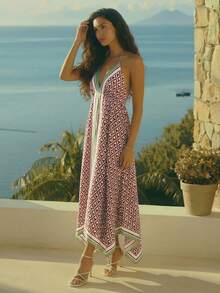 CAJUNI Spaghetti Strap V-Neck Fashionable Leaf Plaid Print Dress,Summer Dress - Khaki - View 3