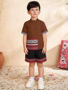 2pcs/Set Young Boys Modest Clothing Totem Print Patchwork Contrast Color Short Sleeve Shirt With Oblique Collar + Black Shorts, Comfortable & Fashionable, Suitable For Banquet, Family Gathering Boys Woven Shirt Short Sets Boys Brown 2 Piece Set - Brown - View 1