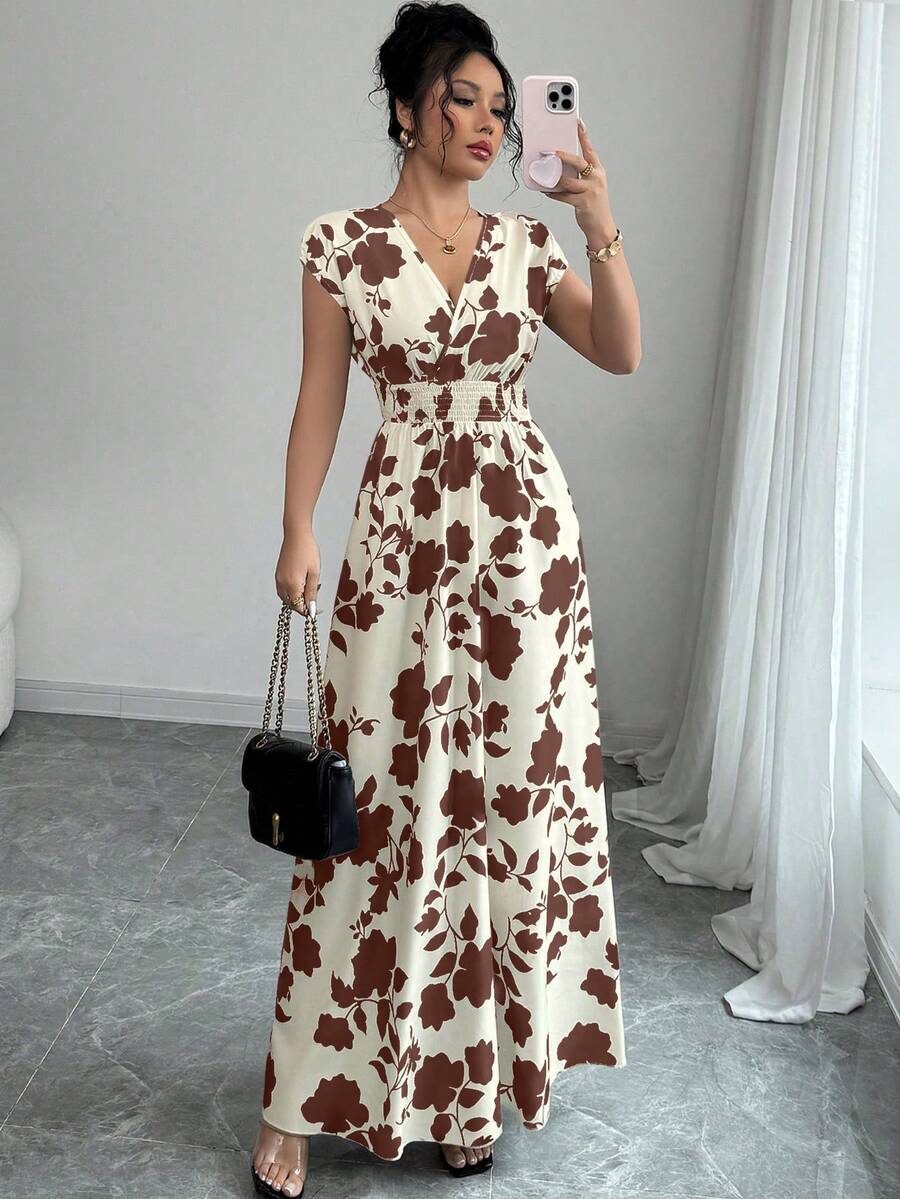 Selianne Đầm nữ kiểu dáng thường ngày in hoa, thắt eo, thích hợp cho mùa hè. - màu nâu - Xem 1