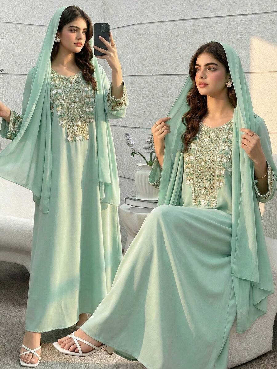 طقم عباية مطرزة بأكمام طويلة باللون الأخضر الفاتح بتصميم محتشم للفتيات المراهقات، بأسلوب عربي شرقي عتيق مزين بالخرز، فستان مسلمة لحضور حفلات الزفاف في الخريف مع حجاب - أخضر - مشاهدة 1