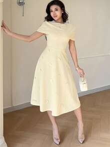 Feyla 女士优雅纯色贴花A字连衣裙，夏季 - 黃色 - 查看 5