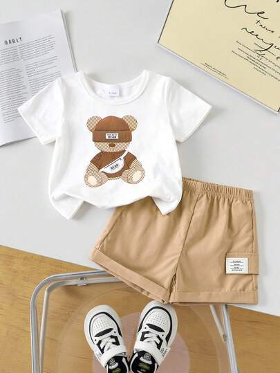 SHEIN Playful Pals 2pcs/Set Infant Toddler Unisex 0-3 Years Old Baby Boy/Girl Casual Bear Print Round Neck Short Sleeve Top & Elastic Waist Shorts Set, Suitable For Outdoor Sports, Leisure Outings, Shopping And Travel, Fits 6 Months To 2-3 Years Old Baby Clothing